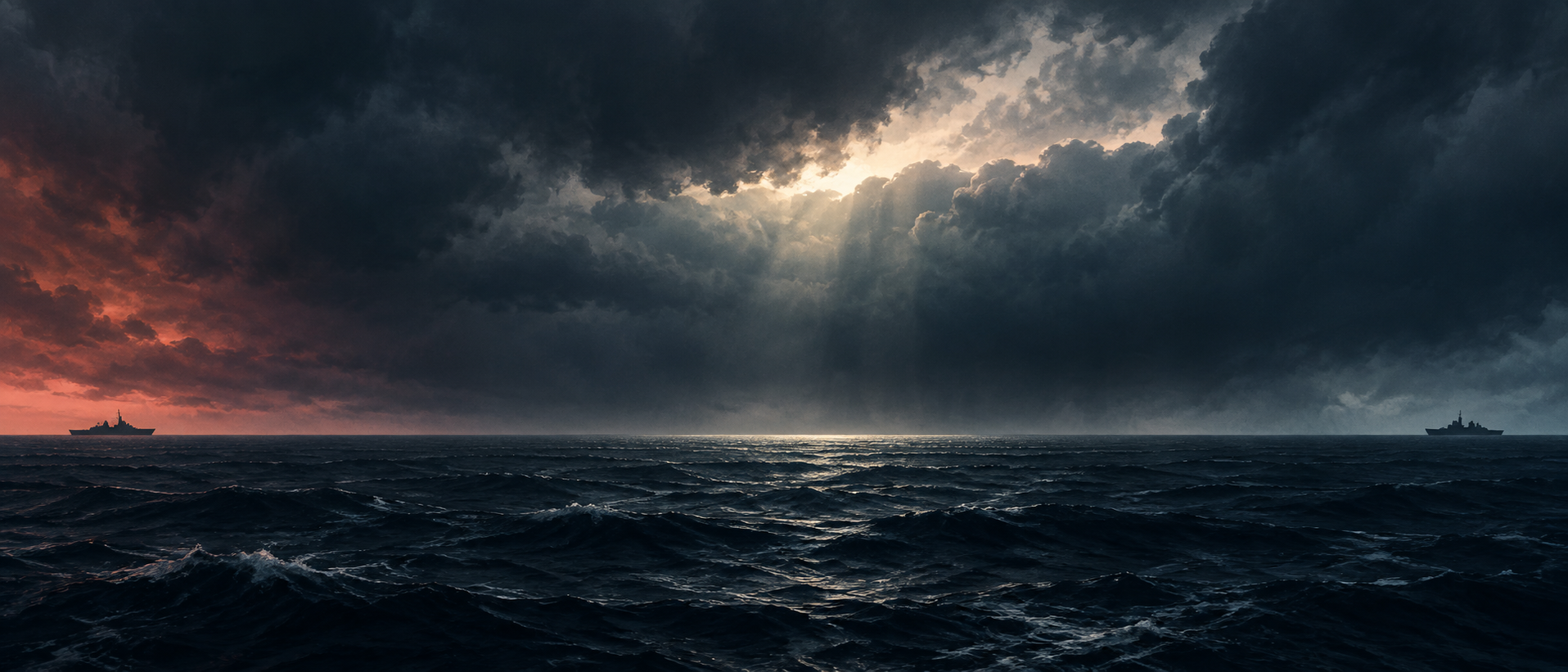 Editorial illustration of small naval silhouettes separated by a vast, storm-darkened Pacific Ocean