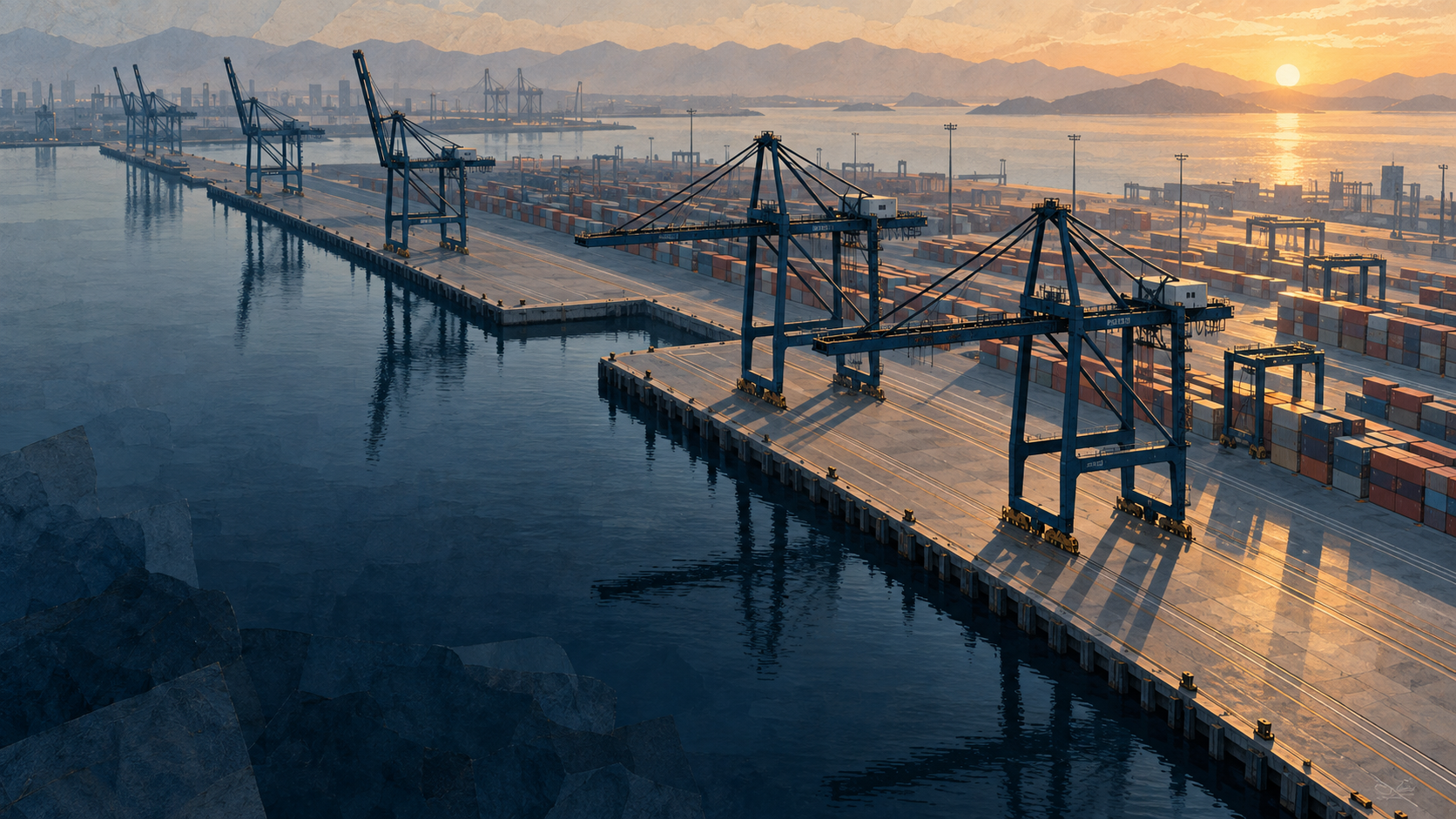Editorial illustration of an empty container port at dawn, suggesting interrupted trade and an uncertain recovery
